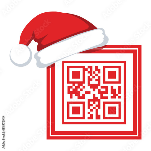 A Christmas-themed black and red QR code wearing a Santa hat. Conceptual vector illustration for holiday promotions, digital coupons, festive marketing, modern gift vouchers, and online shopping deals