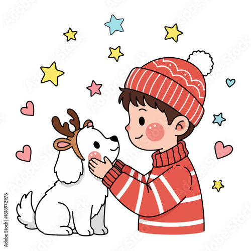Cute Winter Boy with Puppy in Reindeer Horns, Cartoon Vector Illustration
