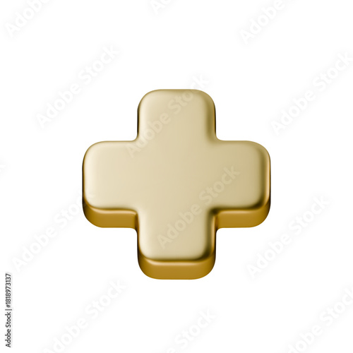 Golden 3D cross with soft highlights and metallic sheen. Minimal plus icon on white background, simple medical, interface and decorative element with realistic render