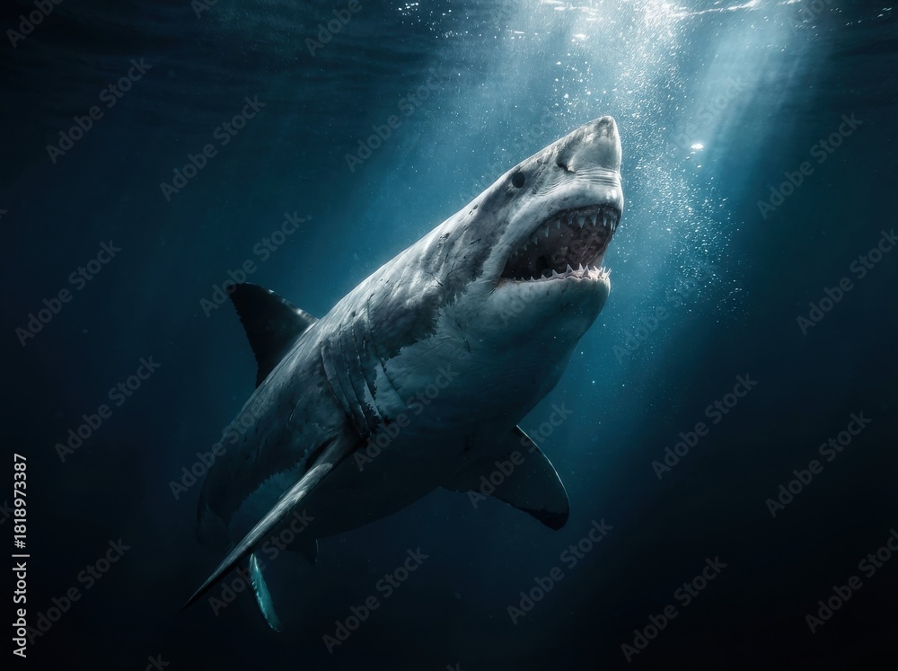 Fototapeta premium A great white shark swims in the deep ocean, showing its teeth and looking menacing.