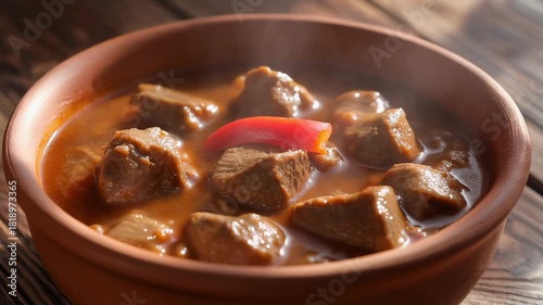 Steaming Bowl of Hearty Beef Stew with a Red Pepper Garnish on a Wooden Table meat goulash