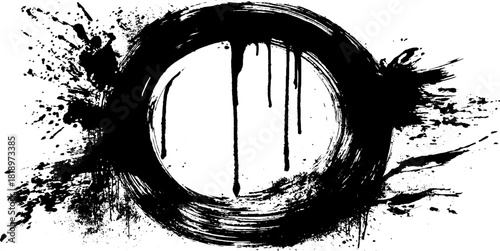 Black ink splatter enso circle with grunge brushstroke design for zen inspired art