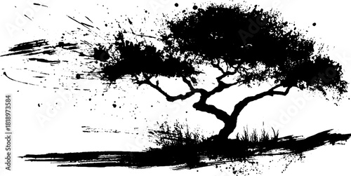Abstract eternal tree with black ink splatter - minimal hand-drawn design for art decor