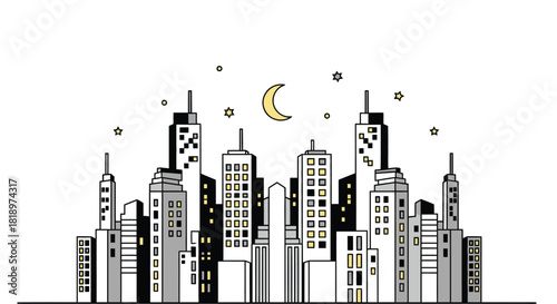Urban cityscape at night with moon and stars