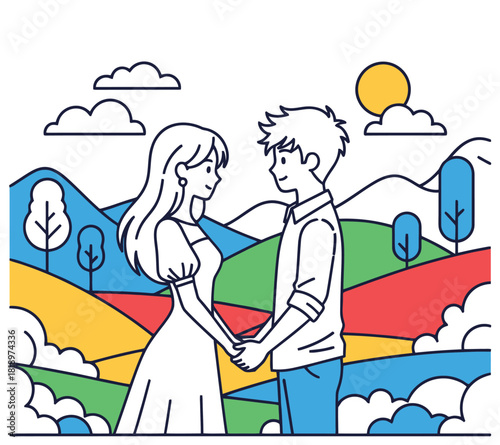 Young couple holding hands in colorful landscape