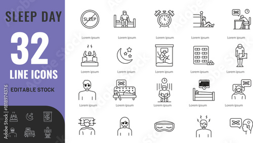 Sleep Day line editable icon set.vector illustration Isolated on transparent background
