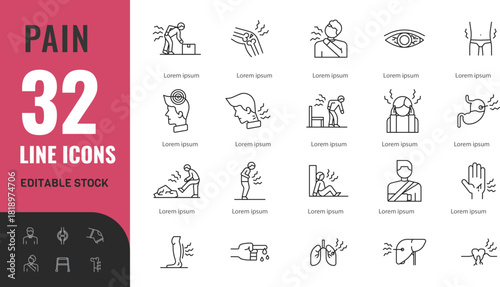 Pain line editable icon set. Related Icons: healthy, injury, set, body, disease, treatment, anatomy  .vector illustration Isolated on transparent background
