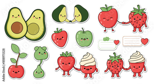 Adorable set of kawaii fruit couple stickers, featuring avocados, apples, and strawberries holding hands or paired together with cute smiling faces.