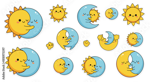 Sweet collection of adorable kawaii sun and moon characters hugging each other, representing love, unity, and celestial harmony in sticker form.