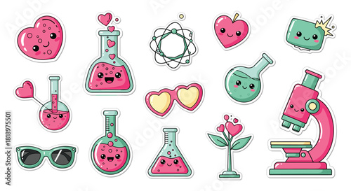 Fun science and chemistry of love sticker set featuring cute kawaii lab equipment like flasks, beakers, and a microscope.