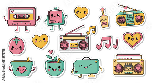 Nostalgic sticker collection of retro music players as cute kawaii characters, including a boombox, cassette tape, and radio.
