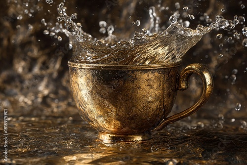 Golden cup splashing in water, droplets flying around, creating dynamic motion and texture, showcasing the beauty of liquid interaction and reflective surfaces