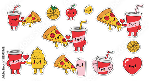 Adorable sticker set of cute kawaii food couples, including pizza and soda characters holding hands and sharing love hearts.
