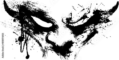 Mysterious oni mask illustration with black ink splatter silhouette