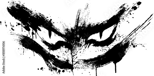 Bold oni mask silhouette with black ink splatter