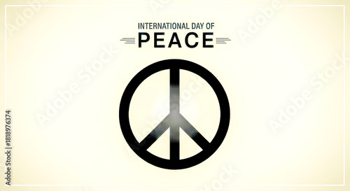 International day of peace graphic featuring a prominent black peace symbol against a subtle, light beige, textured background with stylized text above