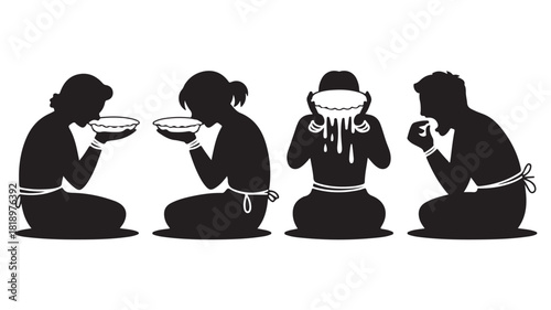 Silhouette illustration of people eating one with food spilled on their head a humorous vector concept
