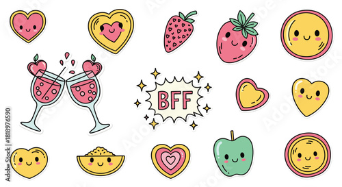 Cute friendship-themed sticker set with kawaii characters, a 'BFF' speech bubble, clinking glasses, and smiling fruits and hearts.