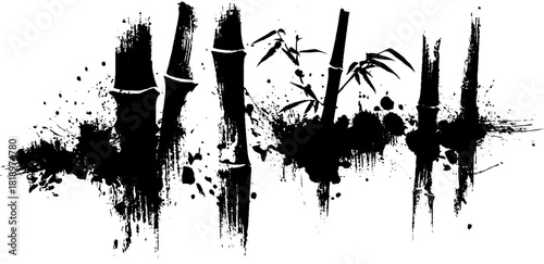 Black ink splatter bamboo illustration with grunge brush strokes
