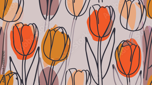 Vibrant abstract illustration of stylized orange tulips with flowing green stems and leaves rendered in a modern graphic art style with bold colors and clean lines perfect for spring or floral themes