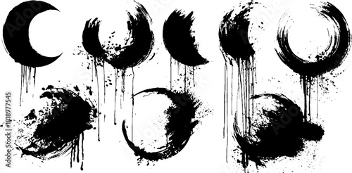 Abstract black ink splatter illustration of moon phases for minimalist design