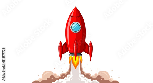 Red cartoon rocket taking off with fiery propulsion on white