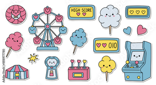 Fun amusement park and arcade sticker set with cute kawaii characters like a ferris wheel, cotton candy, and video games.