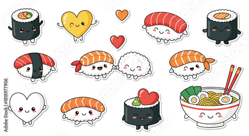 Adorable kawaii sushi and ramen sticker collection featuring smiling characters, nigiri, maki rolls, and cute hearts for food lovers.