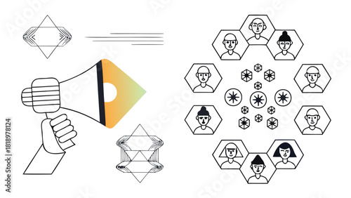 Giant hand holding a megaphone broadcasting a message or announcement suitable for advertising and promotional banners