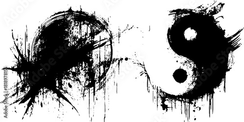 Black ink splatter yin yang symbol with grunge effect for spiritual and design concepts