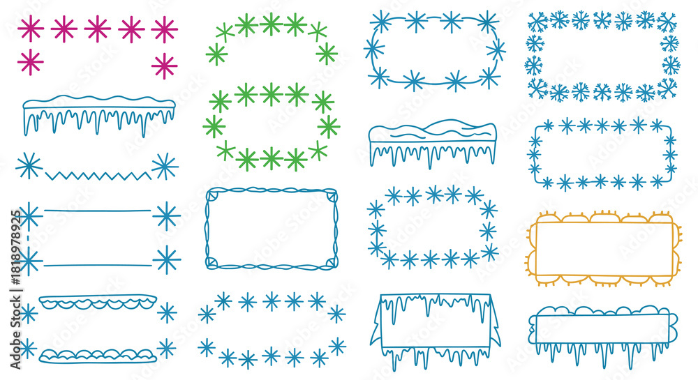 Obraz premium Collection of hand-drawn winter frames and borders made from snowflakes and icicles. Festive doodle designs for Christmas cards, holiday invitations, and seasonal decor.