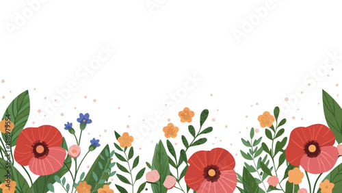 A vibrant and whimsical seamless pattern featuring bright red poppies and delicate green foliage perfect for creating charming and lively backgrounds and designs