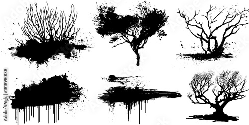 Black ink splatter coral shapes illustration set for artistic design