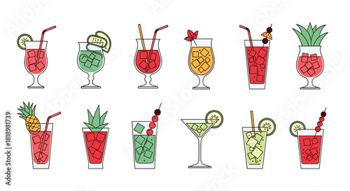 Refreshing assortment of classic tropical cocktails in various glasses, garnished with pineapple, cherry, lime, and cucumber.
