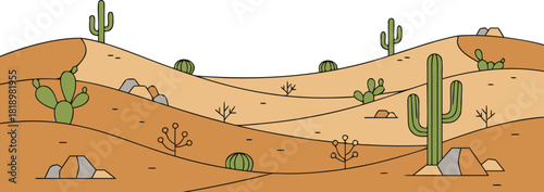 Desert Landscape with Cacti and Rolling Sand Dunes (Vector Illustration)