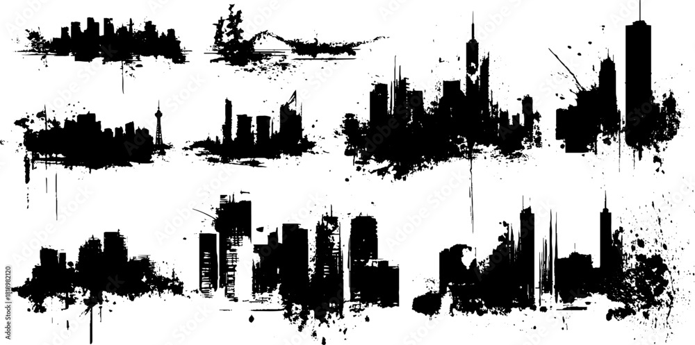 Obraz premium Black ink splatter city silhouette collection for creative design and urban art projects