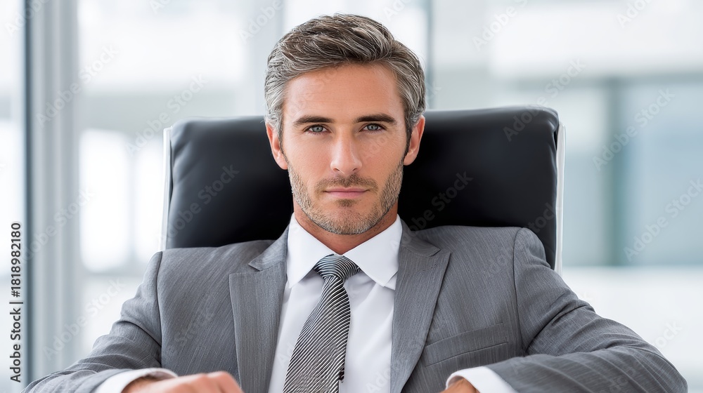 Fototapeta premium A confident businessman in a sleek office setting, dressed in a suit, exuding professionalism and focus.