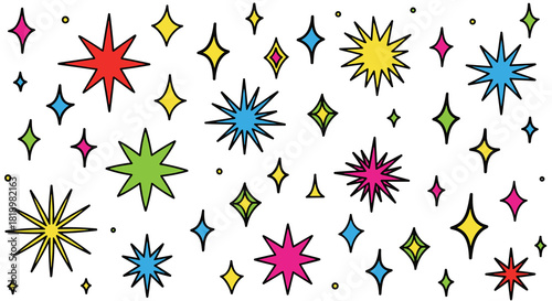 Dazzling and playful background of colorful, hand-drawn stars and sparkles with a retro, sketchy texture for festive designs.