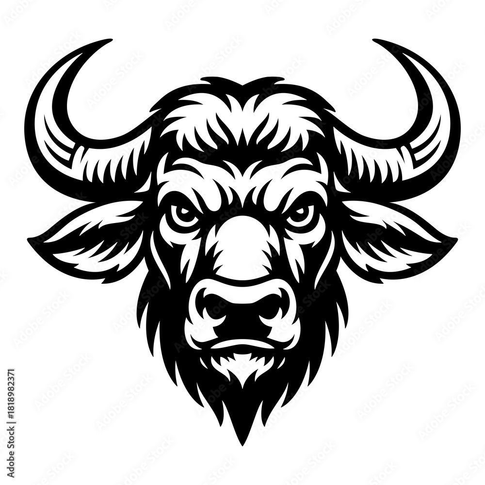 Obraz premium Bold buffalo head illustration in clean black-and-white style — strong wildlife emblem for logos, badges, sports mascots, apparel and print designs