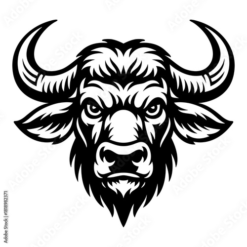 Bold buffalo head illustration in clean black-and-white style — strong wildlife emblem for logos, badges, sports mascots, apparel and print designs