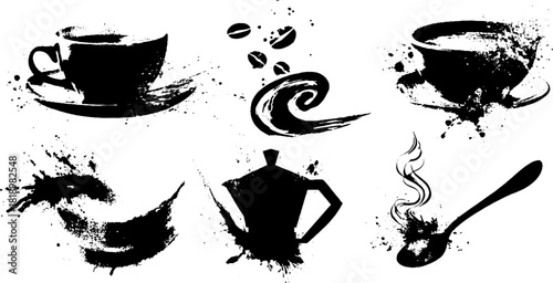 Rustic coffee themed black ink splatter art for creative design