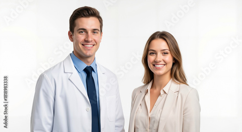 Medical professional in a white coat with a businesswoman, smiling and standing side-by-side in a studio portrait