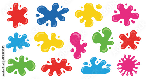 Bright and colorful set of cartoon paint splats, slime blobs, and liquid splashes for fun and playful design projects.