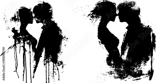 Romantic couple silhouettes with black ink splatter for artistic design