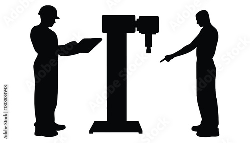 Industrial machine operation worker with tablet silhouette art