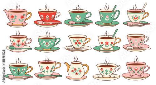 Charming collection of vintage teacups, saucers, and teapots decorated with delicate floral patterns for a cozy tea party.