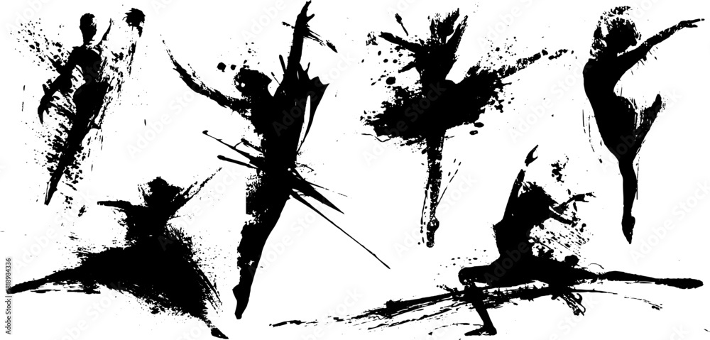 Naklejka premium Dynamic dancer silhouettes in black ink splatter style for artistic design