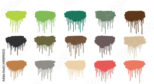 Series of paint drip backgrounds in various earth tones, creating a grunge, street art effect with melting and dripping liquid.