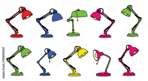 Assortment of colorful, adjustable desk lamps and table lamps in a retro, hand-drawn style, isolated as sticker illustrations.