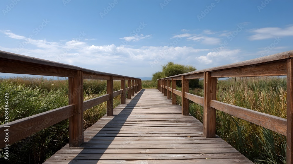 Fototapeta premium A wooden boardwalk winds through a natural landscape of reeds under a bright blue sky